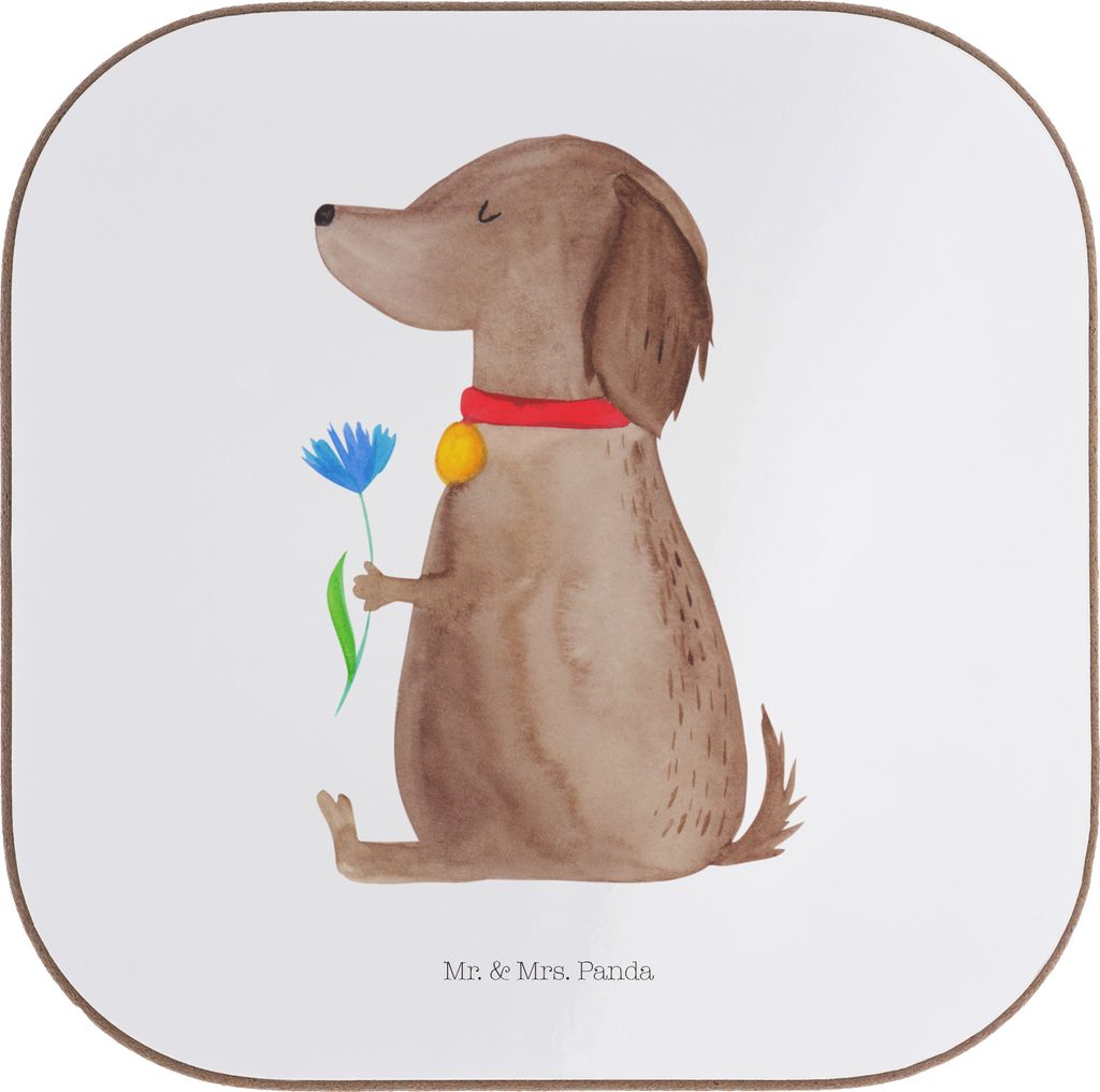 Mr. & Mrs. Panda Getränkeuntersetzer Hund Blume - Weiß - Geschenk, Sprüche, Coaster, Untersetzer für Gläser, Süß, Tee, gläseruntersetzer, H...