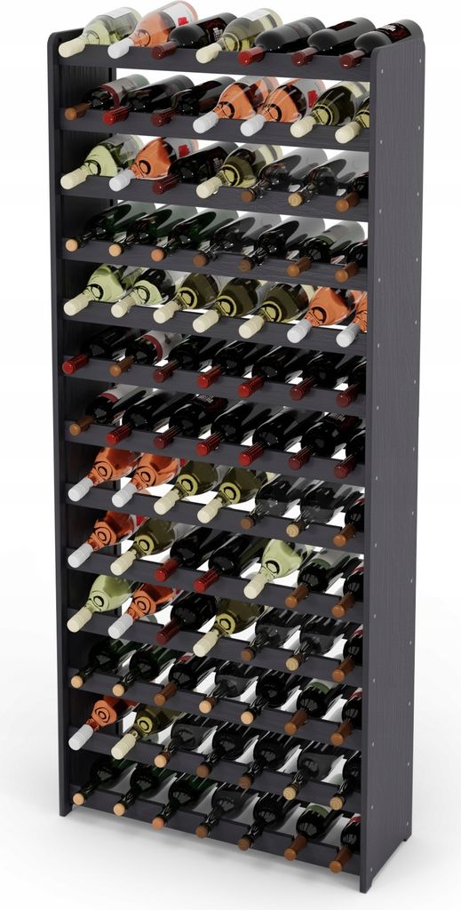 A tall, narrow wine rack filled with wine bottles, presented against a white background.