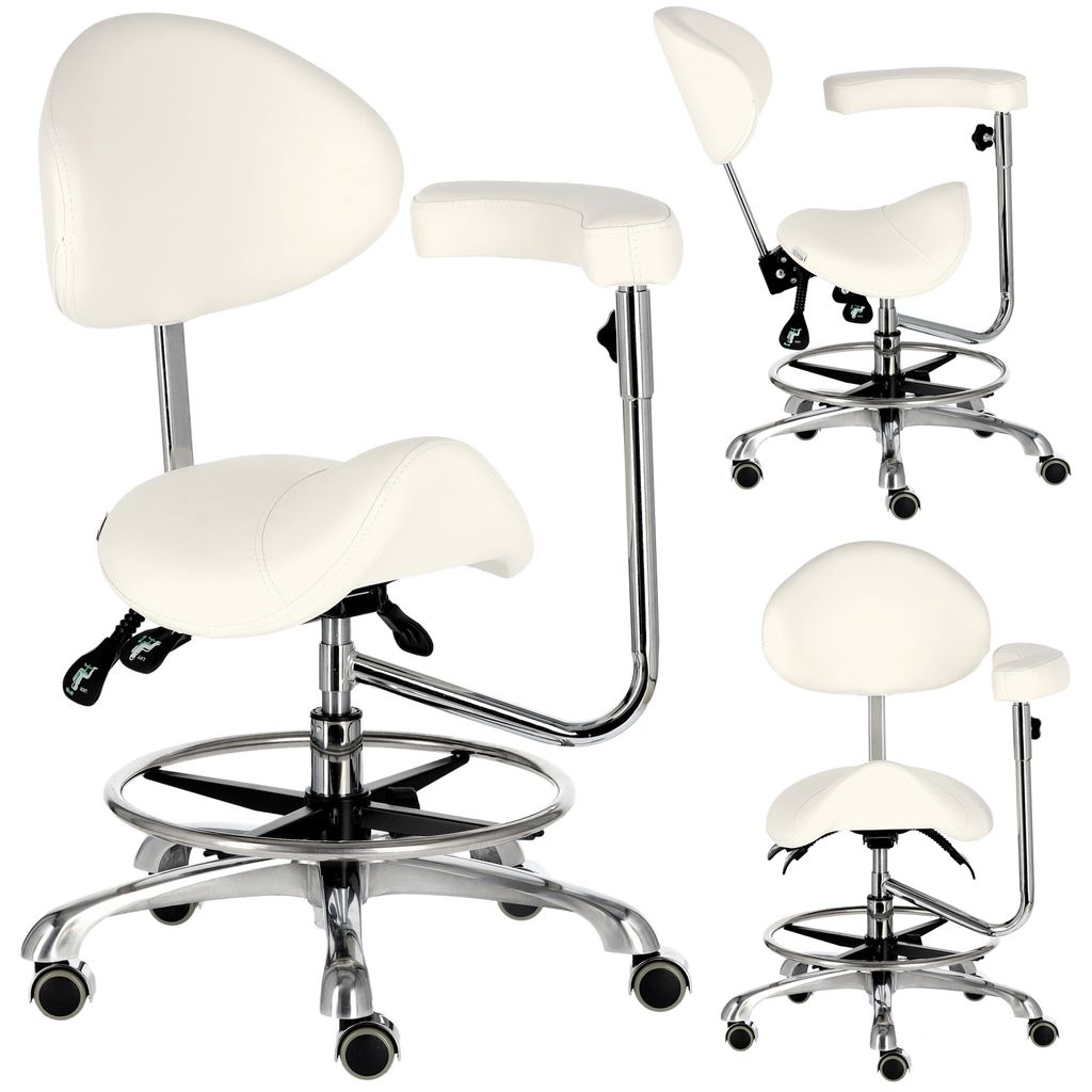 Kosmetischer Friseurhocker Sattel mit Rückenlehne und Produktbild 