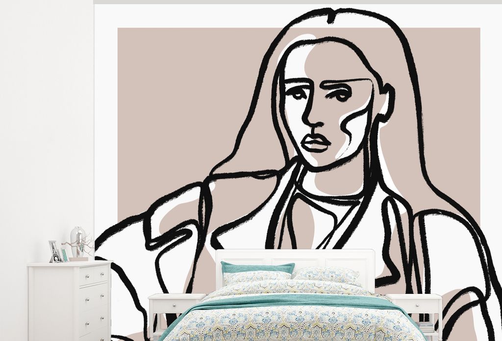MuchoWow Fototapete für Wohnzimmer oder Schlafzimmer Wandtapete Vinyl Motivtapete Porträt - Frau - Strichzeichnung - Pastell - 325x260 cm - Tapete