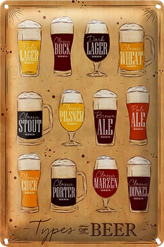 Blechschild Spruch 18x12cm Types of Beer Bier Sorten