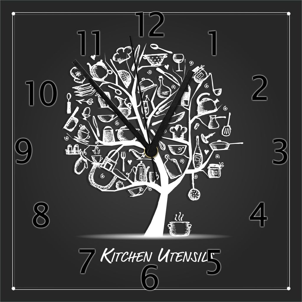 Wallario Design Wanduhr Kitchen Utensils - Baum aus Küchenutensilien in schwarz weiß aus Echtglas, Größe 30 x 30 cm