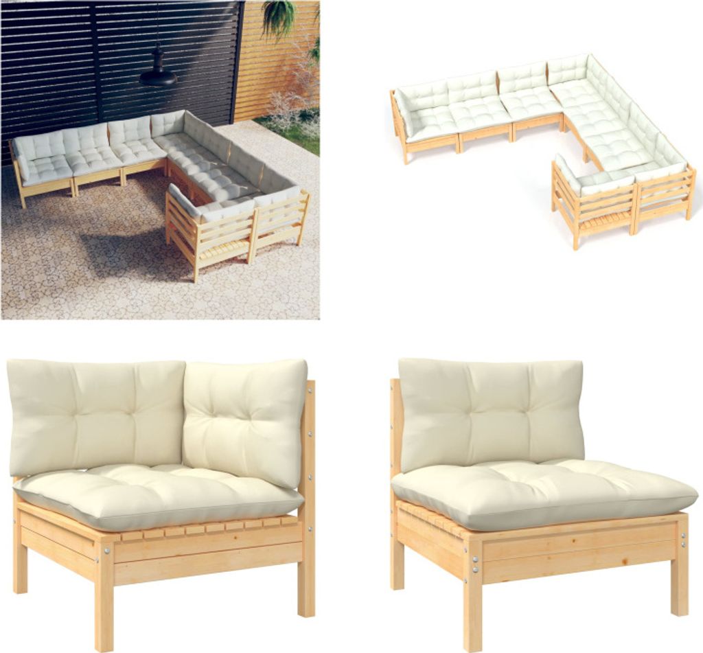 vidaXL 8 tlg. Garten Lounge Set mit Creme Kissen Massivholz Kiefer - Garten-Lounge-Set - Garten-Lounge-Sets - Gartenmöbel-Set - Gartenmöbel-Sets