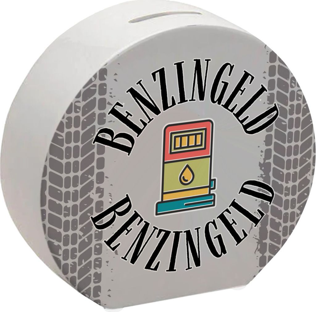 Benzingeld Spardose in grau mit Tanksäule