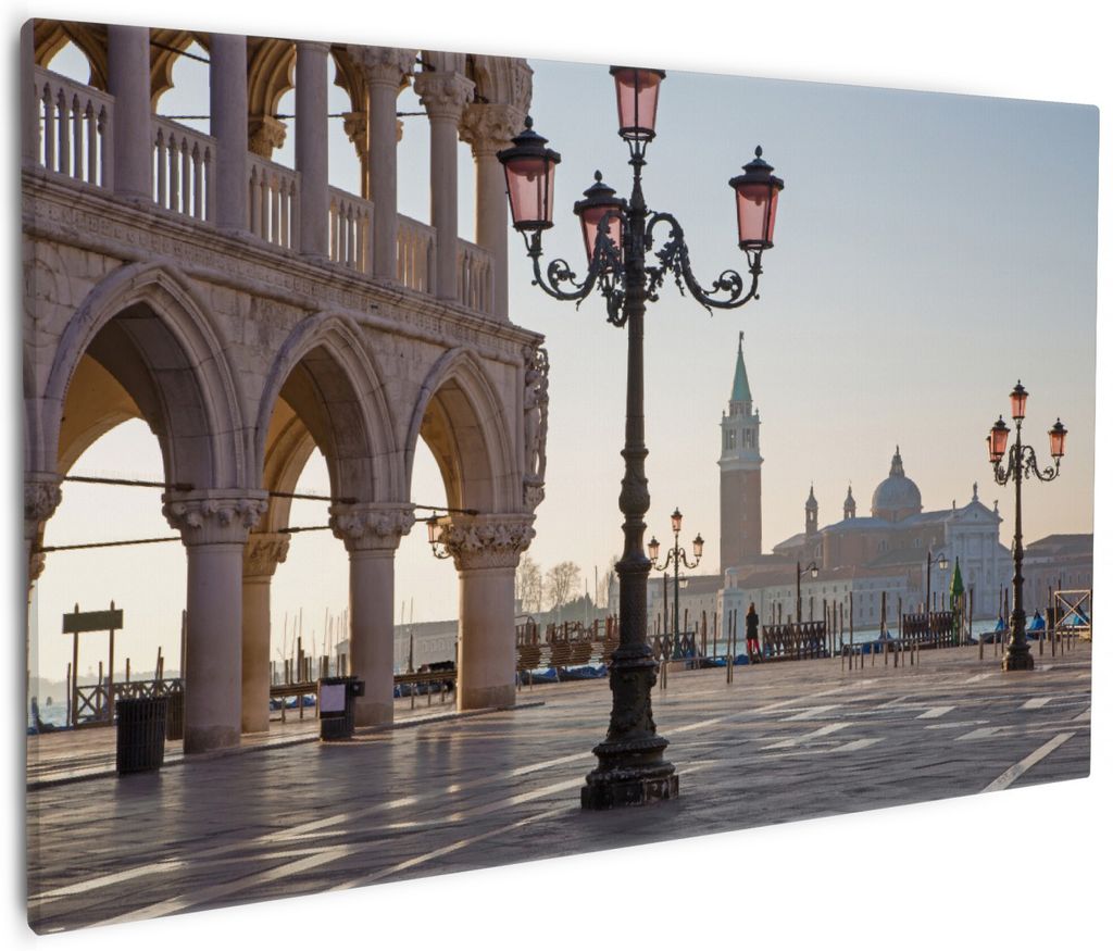 Wallario Premium Leinwandbild Venedig - Dogenpalast, Markusplatz und San Giorgio Maggiore II in Größe 60 x 90 cm