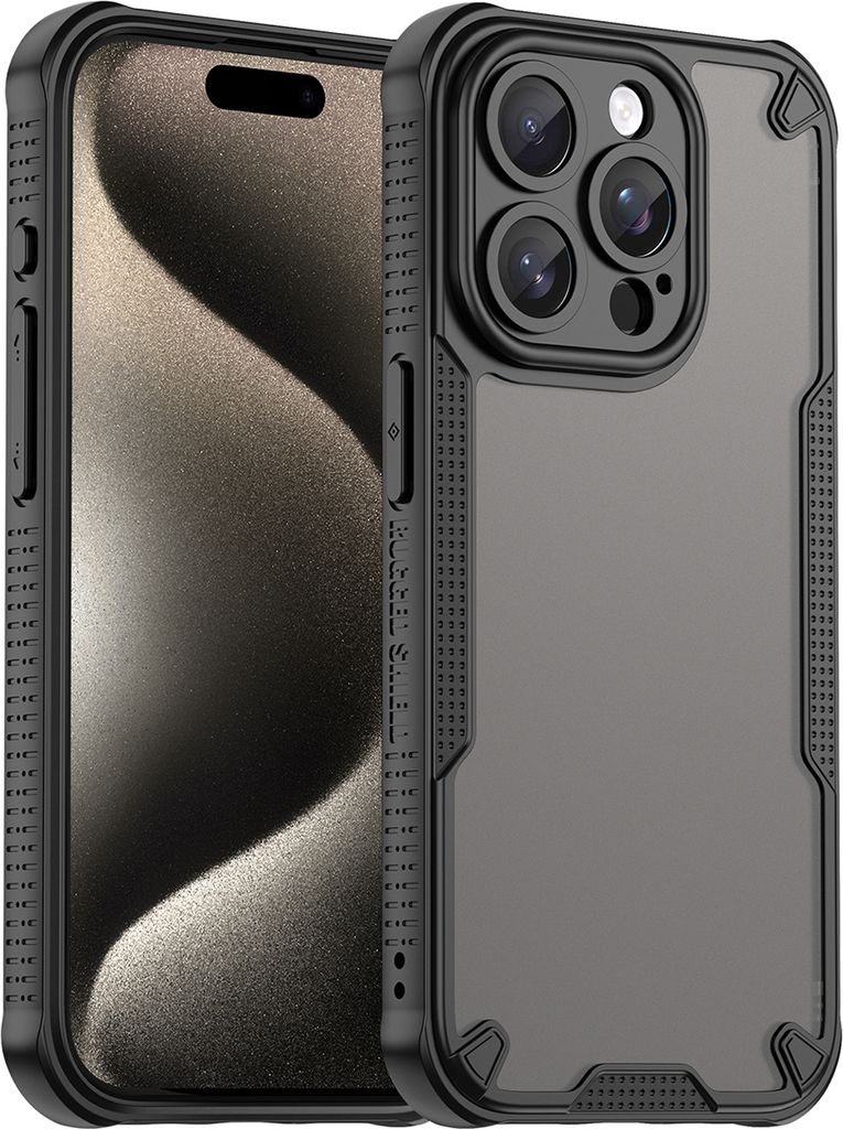 Schutzhülle für iPhone 15 Pro, transluzente matte Rückseite, TPU Bumper Case Schwarz