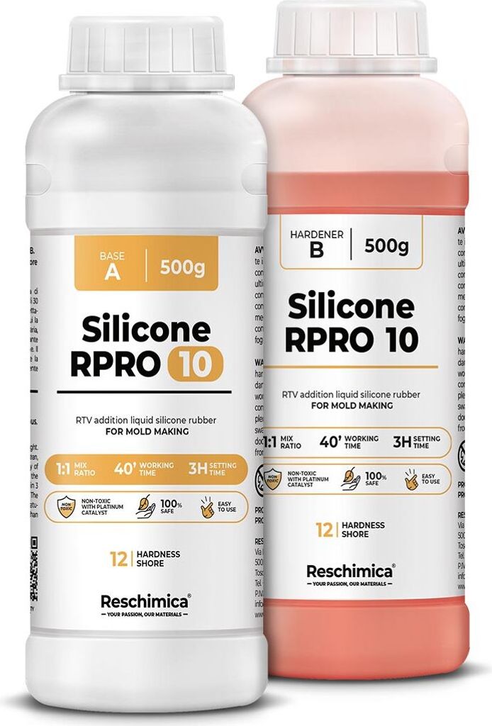 Two bottles of silicone rubber for mold making are shown side-by-side against a white background.
