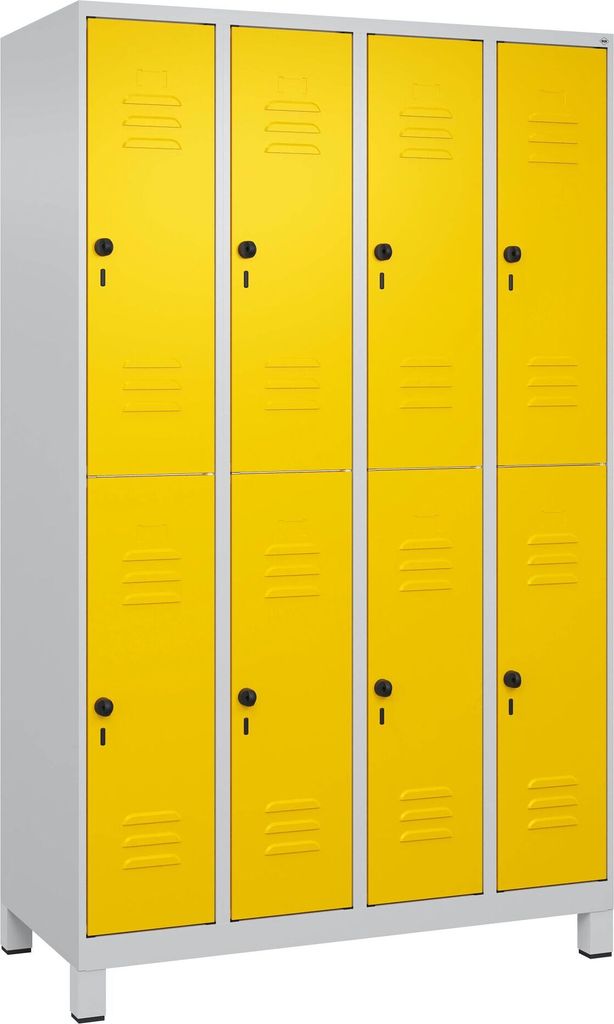 C+P Doppel-Garderobenschrank "Classic Plus", Abteilbreite 30 cm, mit Füßen, Verkehrsgelb (RAL 1023), 195x120x50 cm/ 8 Fächer