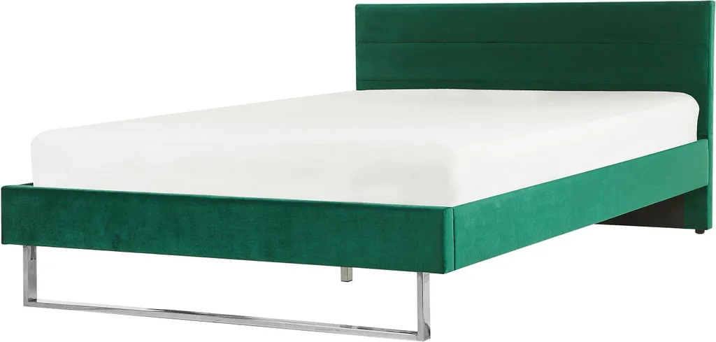 Lit velours vert 180x200 cm avec tête de lit capitonnée et pieds inox