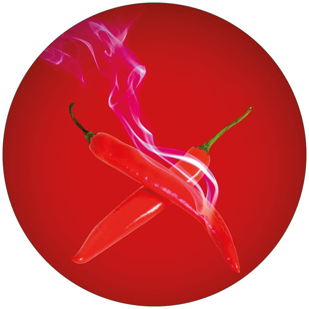 Wallario Premium Glasbild, freischwebende Optik, kräftige Farben, rund 50cm Durchmesser, Motiv Rauchende Chili-Schoten im Duo vor rotem Hintergrund