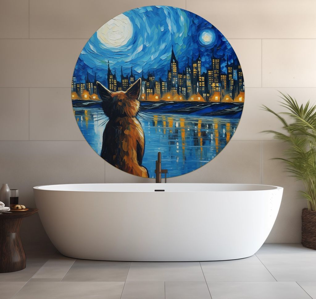 Wallario wasserfestes Poster selbstklebend 120 x 120 cm, Katze im Mondschein, Badezimmerposter Spritzschutz mit Hochglanzoberfläche in Glasoptik