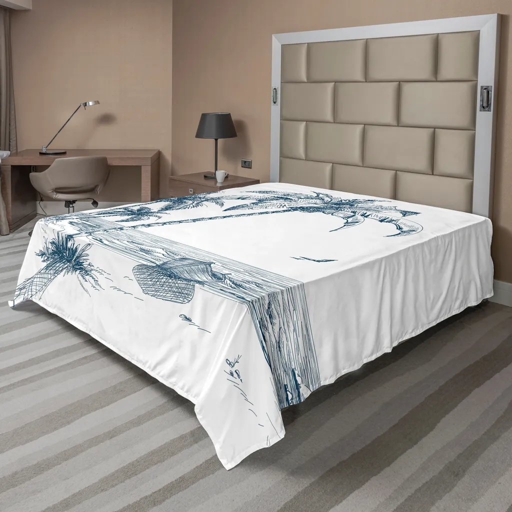Drap de lit plat ABAKUHAUS motif esquisse tropicale bleu et blanc 244x205