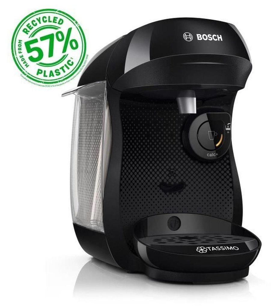 A black Bosch Tassimo coffee machine is shown from a three-quarter angle against a white background.