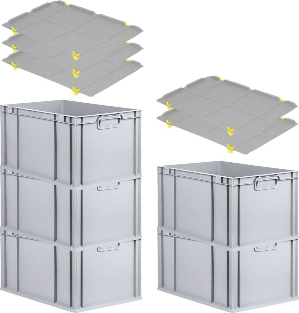 SparSet 5x Eurobox NextGen Economy mit Auflagedeckel und 4x Schiebeschnappverschlüsse Gelb | Griffe geschlossen | HxBxT 32x40x60cm | 65 Liter | Eu...