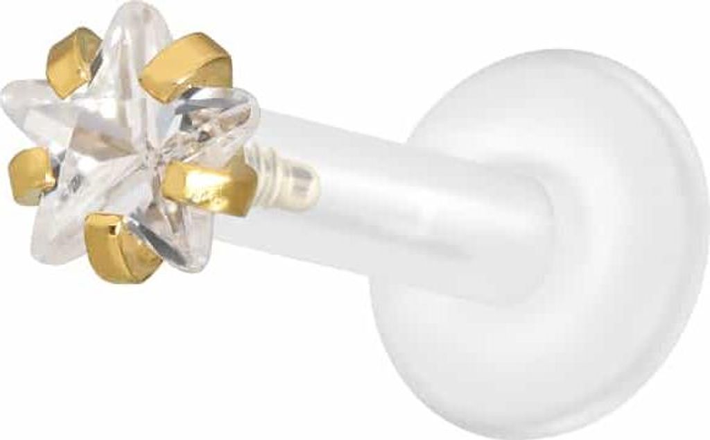 Ohrpiercing, Nasenpiercing PTFE Labret mit Innengewinde + Titan-Aufsatz EINGEFASSTER KRISTALLSTERN Gold Stablänge: 7mm | Stabstärke: 1,6mm