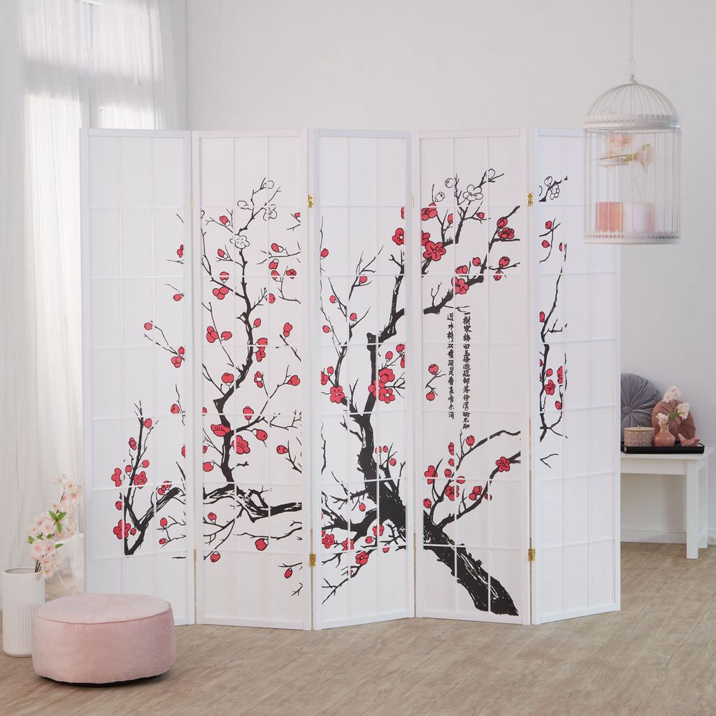 Homestyle4u Paravan, 5-dielny, drevo, ryžový papier, biely, Obrázok produktu 