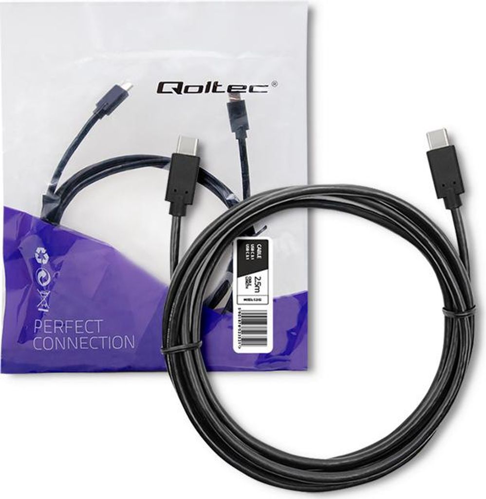 Qoltec USB 3.1 Typ C Steckerkabel | USB 3.1 Typ C Stecker | 2,5 m | Schwarz