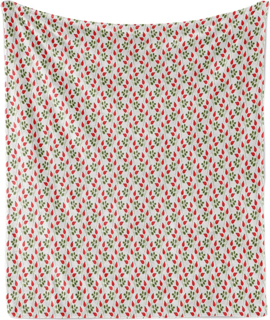ABAKUHAUS Blumen Weich Flanell Fleece Decke, Muster mit Hagebutte Zweige Herbal Plants Botany Illustration, 175 x 230 cm, Zinnoberrot Farngrün