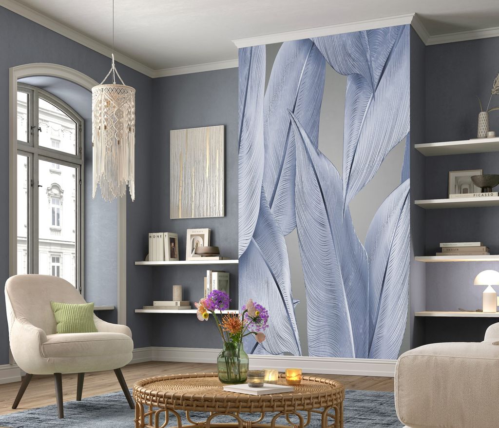 NEWROOM Tapete Blau Vliestapete Palmenblätter - Mustertapete Modern Silber Grau Palmen Blätter Dschungeltapete Tropisch Dschungel