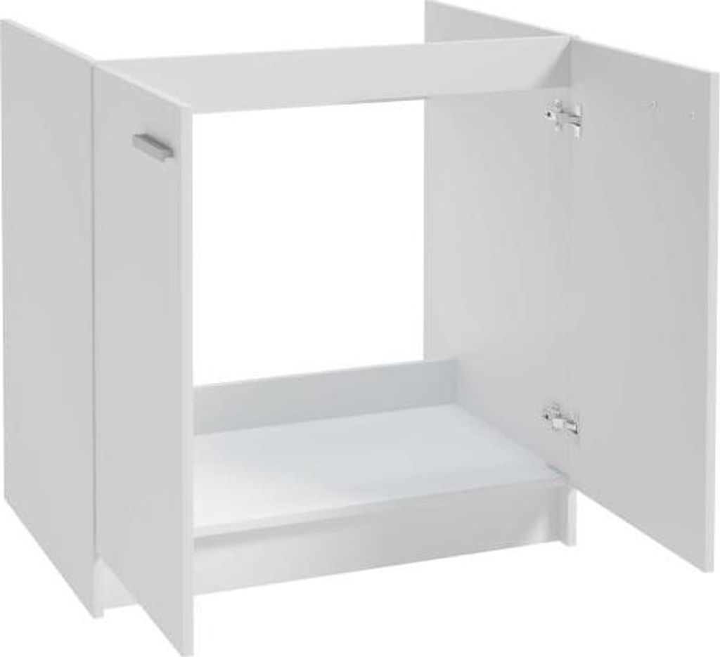 A white cabinet with two doors, one of which is open, showing the interior. It appears to be a sink cabinet or a base cabinet for a kitchen or bathroom.