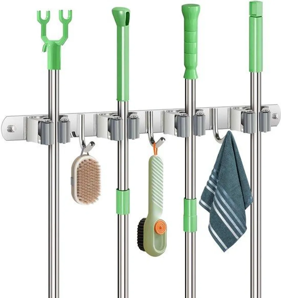 Support mural en acier inoxydable pour 4 outils de jardin et 3 crochets