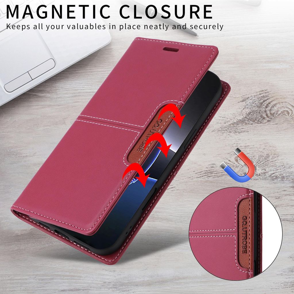 Handyhülle für iPhone 17 Pro Hülle, Leder Flip Wallet Kartenfach Stand Schutzhülle Rot