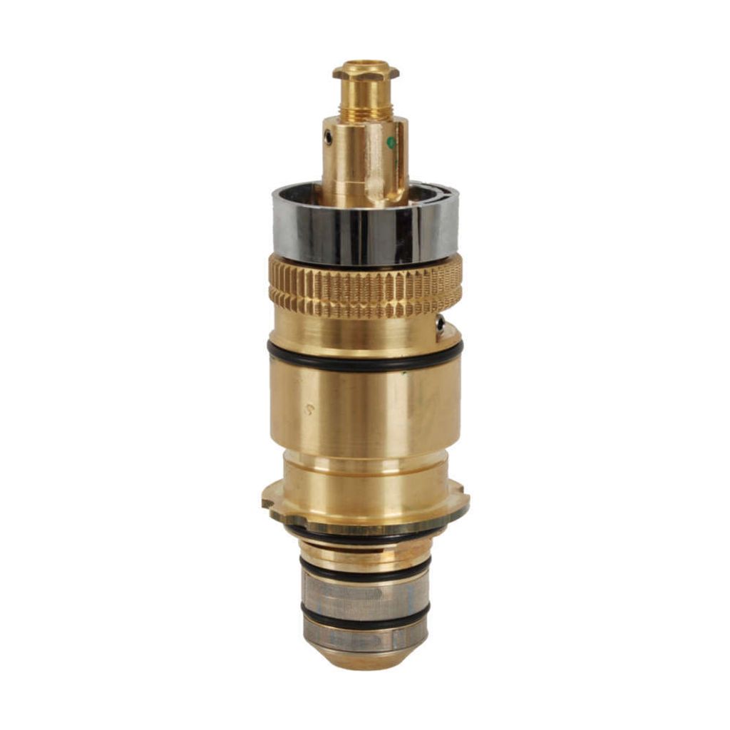 A close-up studio shot of a brass faucet cartridge against a white background.
