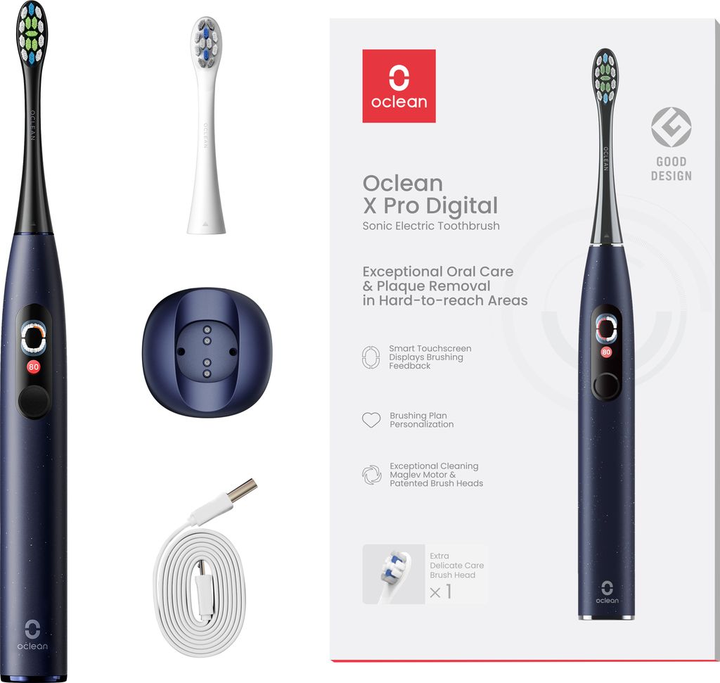 A product shot of an Oclean electric toothbrush and its accessories, alongside marketing material detailing its features.