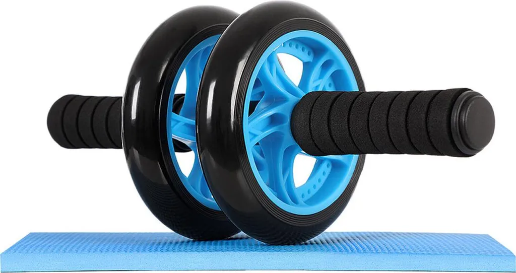 Rouleau abdominal et tapis bleu pour musculation à domicile et yoga