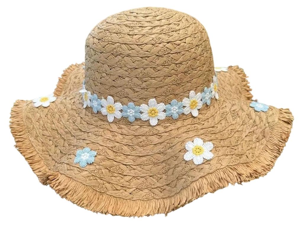 Sonnenhut mit handgehäkelten Chrysanthemen, breite Krempe, starker Sonnenschutz, Wellenform, gesichtsschlankmachend, Urlaubsstil, Reisehut