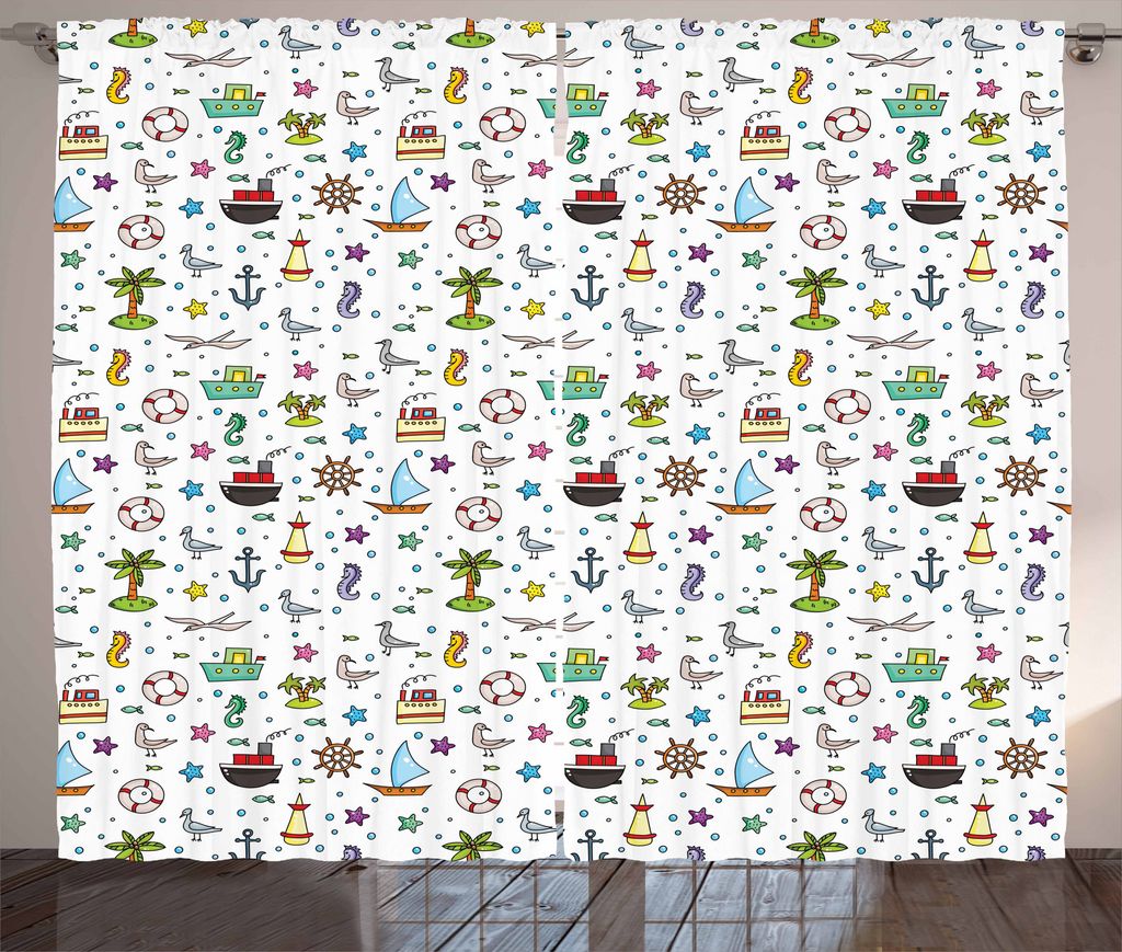 ABAKUHAUS Vögel Rustikaler Gardine, Nautical Cartoon-Elemente, Schlafzimmer Kräuselband Vorhang mit Schlaufen und Haken, 280 x 175 cm, Mehrfarbig