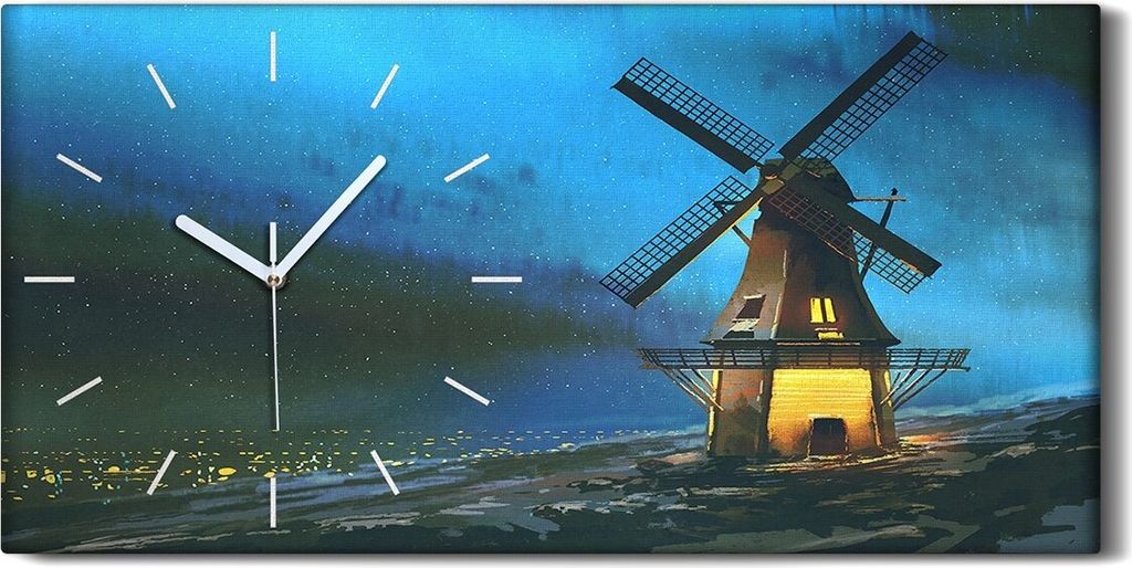 Wanduhr Uhr Wandbild Leinwand Quarz 60x30 Nacht Landschafts mit der Windmühle - weiße Hände