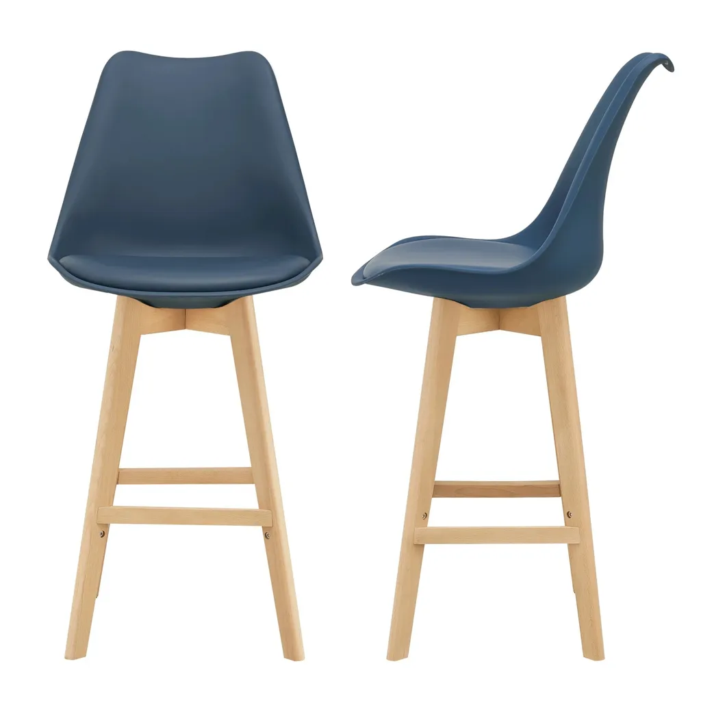Tabouret de Bar Bleu avec Assise Confortable et Pieds en Bois - Lot de 2