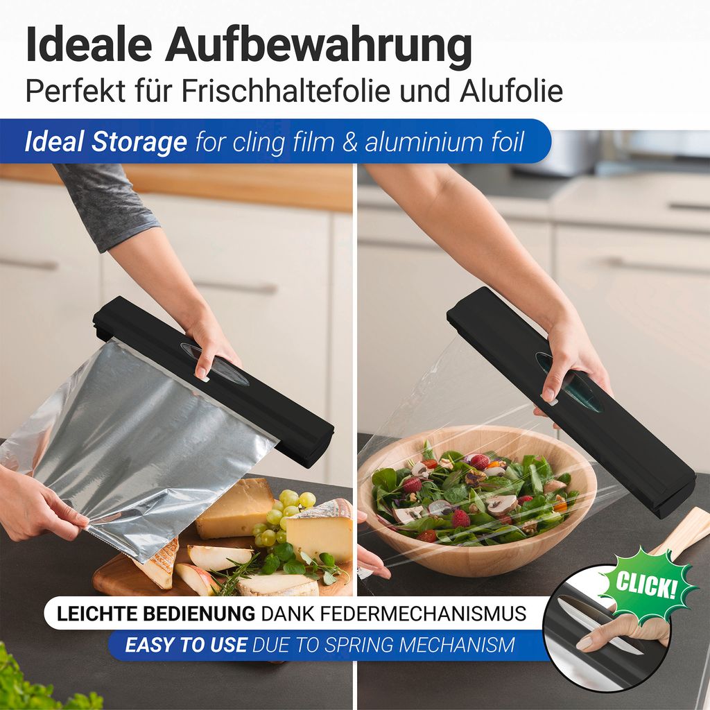 Dispenser 3 In 1 Per Pellicola E Alluminio | Portarotolo Da Parete In Legno Nero Con Taglierina
