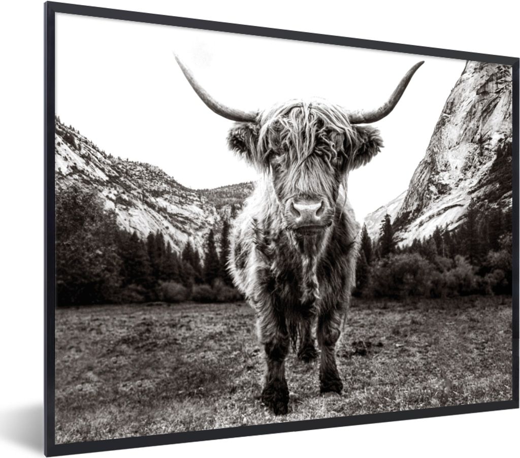 MuchoWow Gerahmtes Poster Berg - Schwarz - Weiß - Schottischer Highlander 80x60 cm - Poster mit Schwarzem Bilderrahmen Wandposter Rahmen Foto Bi...