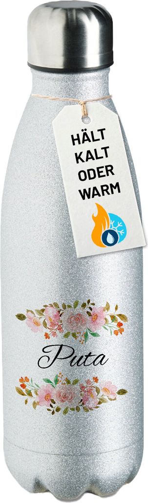 Huuraa Trinkflasche Puta spanisch Blumen 500ml Silver Edelstahl Wasserflasche Trinkflasche Geschenkidee