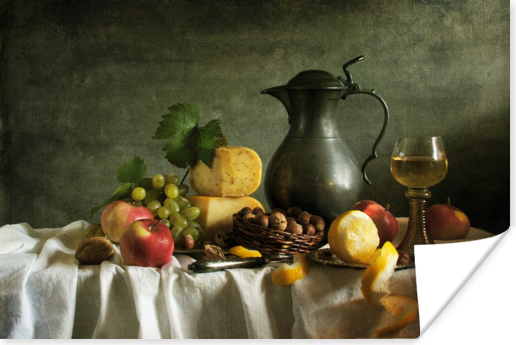 MuchoWow Poster Rustikal - Käse - Teekanne - Obst - Stilleben 90x60 cm - Schlafzimmer