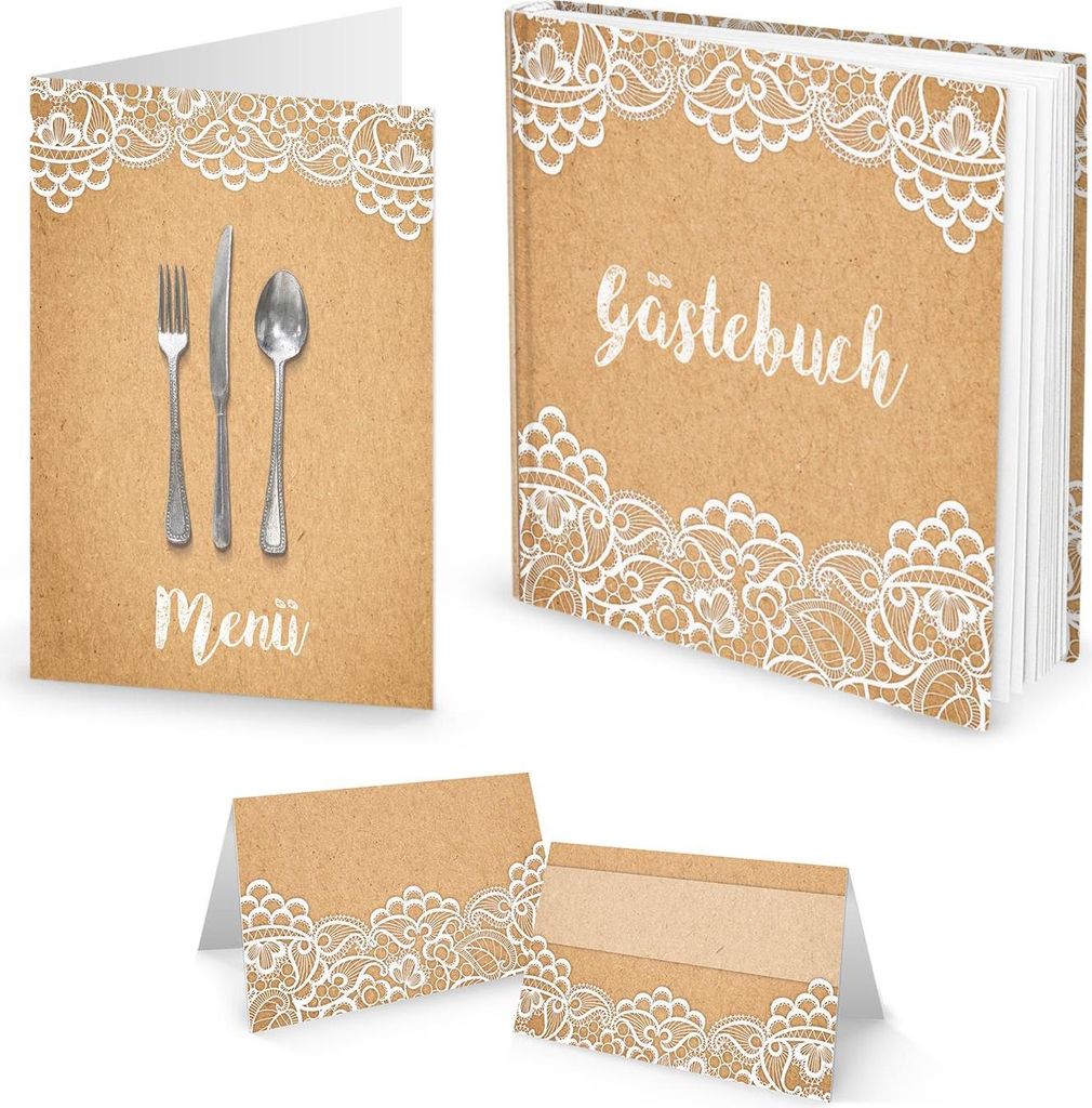 SET: 10 Menükarten + 25 Tischkarten Kraftpapier vintage Spitze PLUS GÄSTEBUCH weiß beige creme-farben Tischdeko Hochzeit Kommunion Speisekarten ...