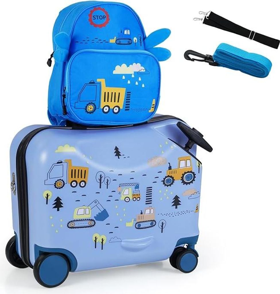 GOPLUS 12"+18" Kinderkoffer mit Rucksack, Kids Trolley mit Rollen, Anti-Verlust-Seil, Tragegurt, Teleskopgriff, Hartschalenkoffer für Jungen & Mä...