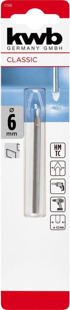 kwb Hartmetall-Glasbohrer, Ø 6 mm (Hartmetallplatte, Zentrierspitze, niedrige Drehzahl, Schneidöl, Rundschaft)