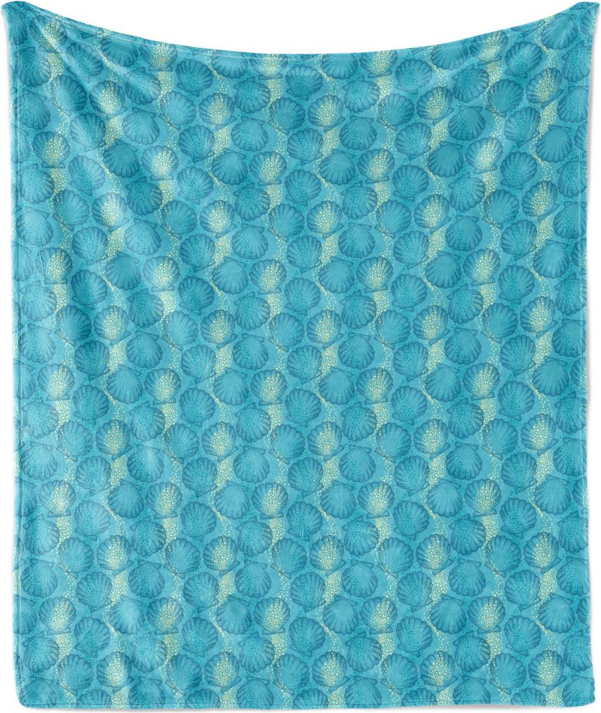 ABAKUHAUS Ozean Weich Flanell Fleece Decke, Marine Wasserthemen Scallop Muscheln in Dotwork-Art-Sommer-Unterwasserkunst, 175 x 230 cm, Sky Blue Beige