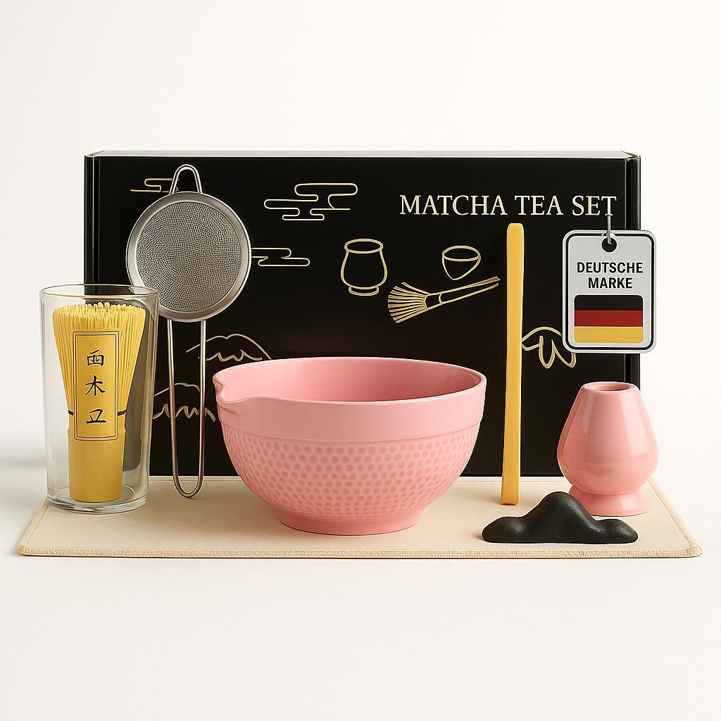 Roxlin Matcha Set Tea (7-teilig) Keramik, Bambus Matcha Schneebesen, handgemachte Schale, Sieb & Zubehör - Rosa