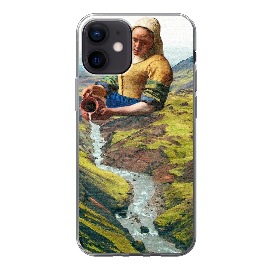 MuchoWow Handyhülle Schutzhülle Hülle für iPhone 12 Milchmädchen - Natur - Vermeer Silikon Softcase Handy Hülle - Schutzhülle
