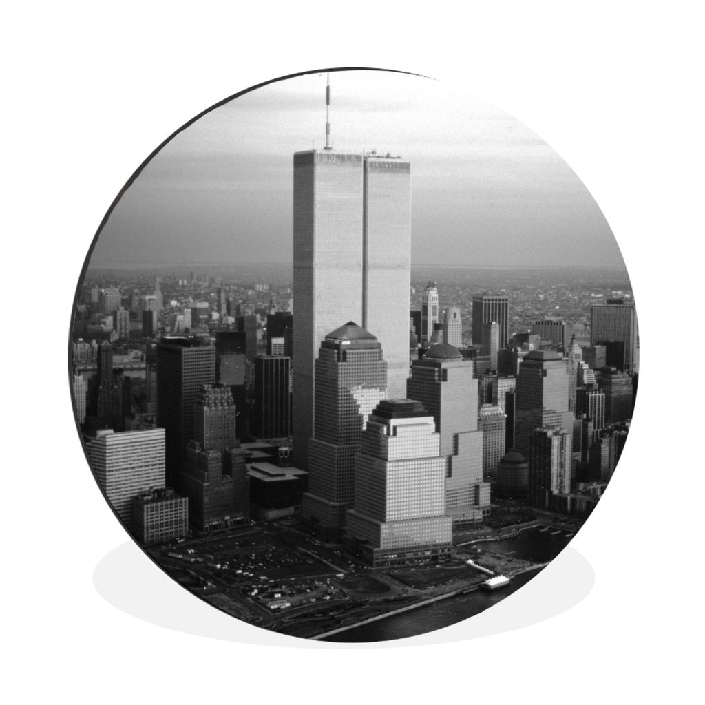 MuchoWow Aluminium Wandkreis World Trade Center - Stadt - Schwarz - Weiß Ø 30 cm Wanddeko Modern Wohnzimmer - Wand Bild - Wohnzimmer - Runde Bi...