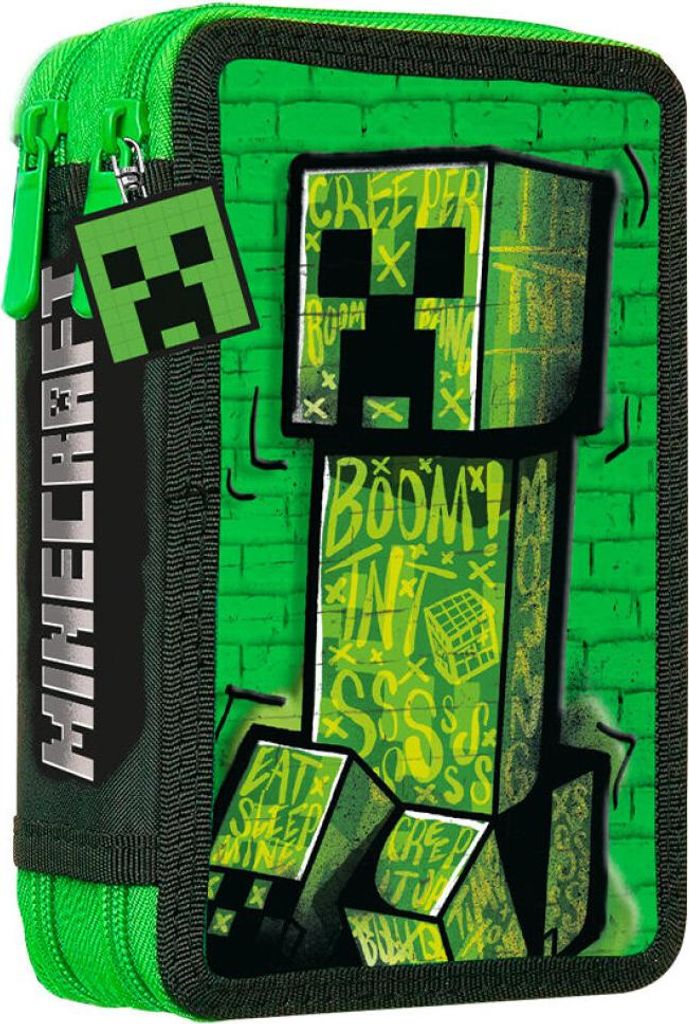 A Minecraft-themed pencil case featuring a Creeper character.