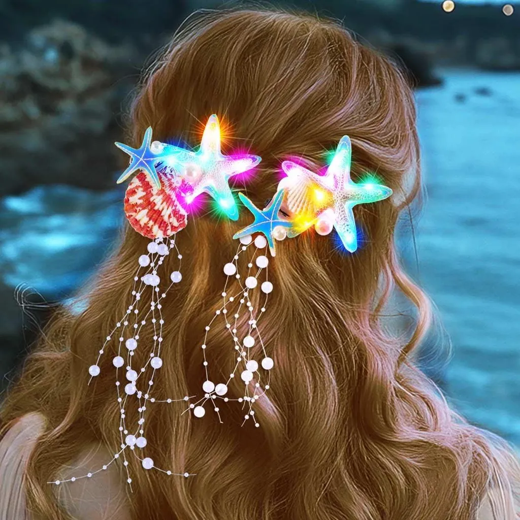 Barrettes LED étoile de mer avec pompon perles pour look sirène