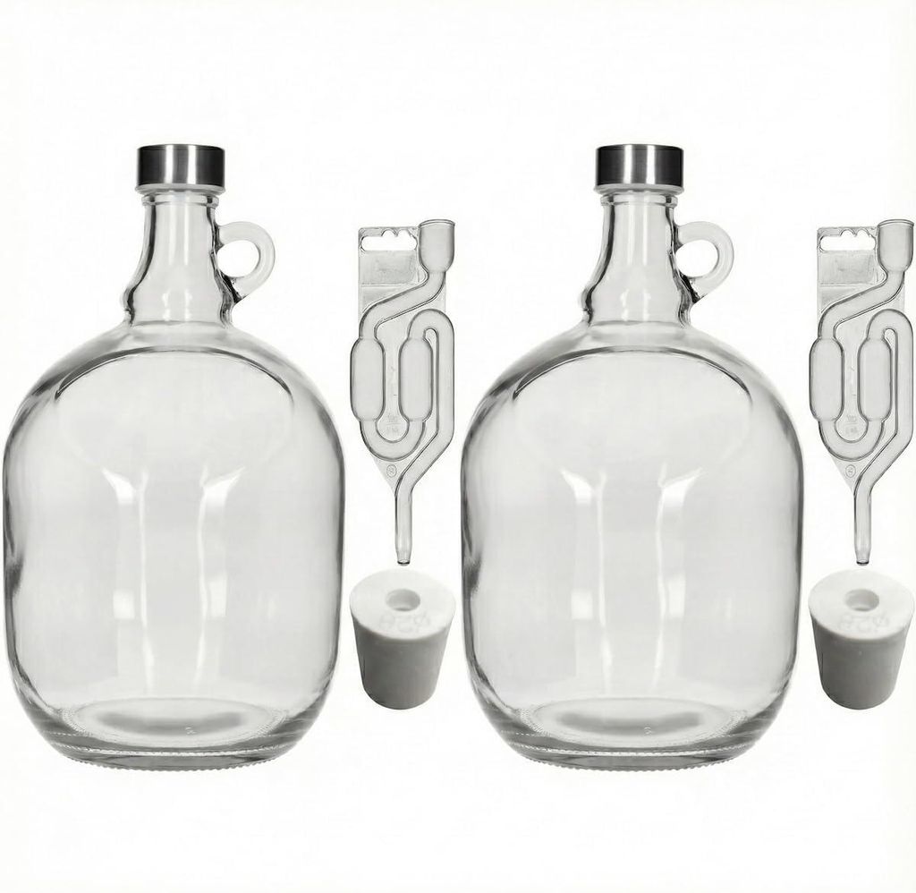 2 x Gärballon 3 L – Glasballon mit Gärröhrchen & Gummikorken, Metallverschluss, ideal für Wein, Bier, Cider, Likör, Fermentation