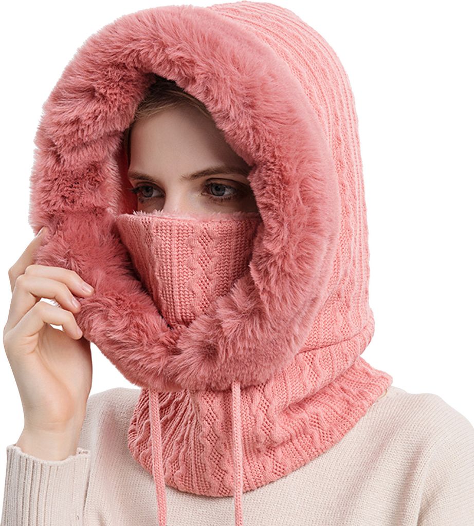 3 in 1 Winter Damen Strickmütze Dicke Fleecefutter Warm Skimütze mit Schal Gesichtsmaske Outdoor Cycling Winterfeste Skimütze, Farbe:Rot