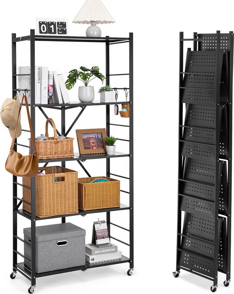 A black metal shelving unit with items on its shelves, shown next to a folded version of the same unit.