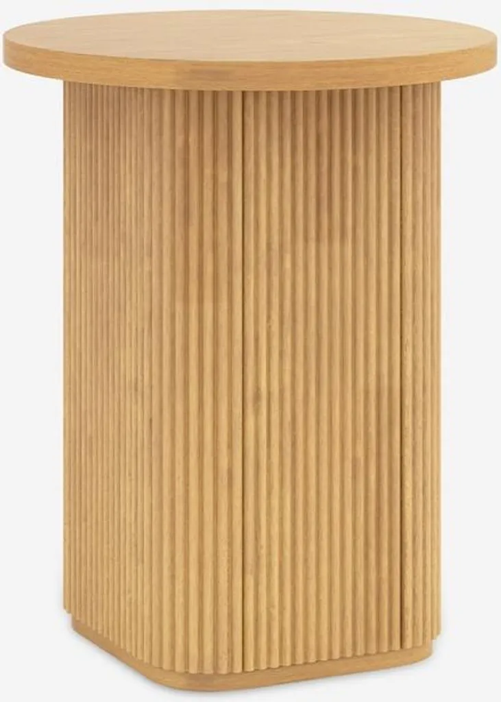 Bout de canapé rond en bois rainuré noir et naturel pour petit salon